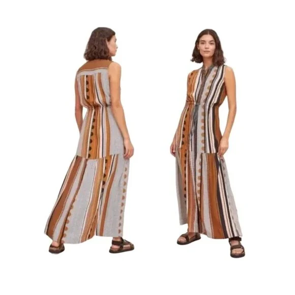 Anthropologie Maeve Alondra Tiered Pockets Tie Waist Maxi Dress Size 10 Boho - Picture 1 of 7